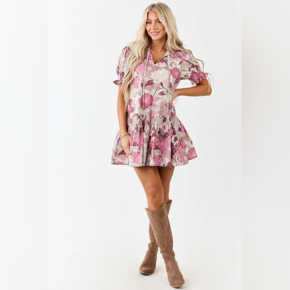 Entro Ivory Floral Smocked Detail Cotton Mini Dress | Floral Pink Cotton Dress